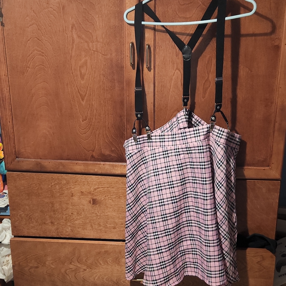 Plus Pink plaid/tartan print suspender skirt